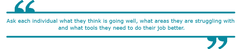 Ask each individual what they think is going well,  what areas they are struggling with  and what tools they need to do their job better.